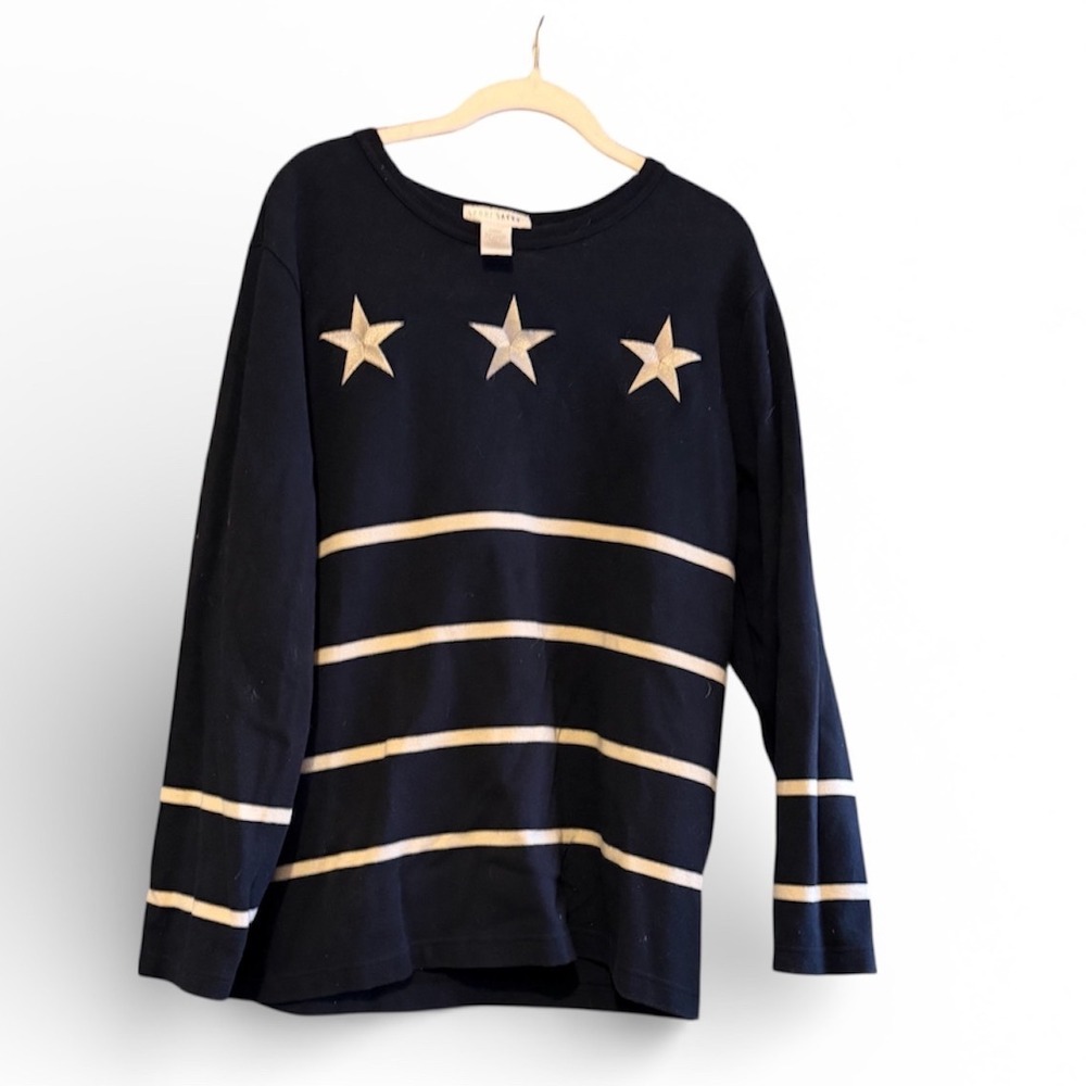 Sport Savvy Womens Navy‎ Blue Striped Star Embroidered LS Top Large nautical